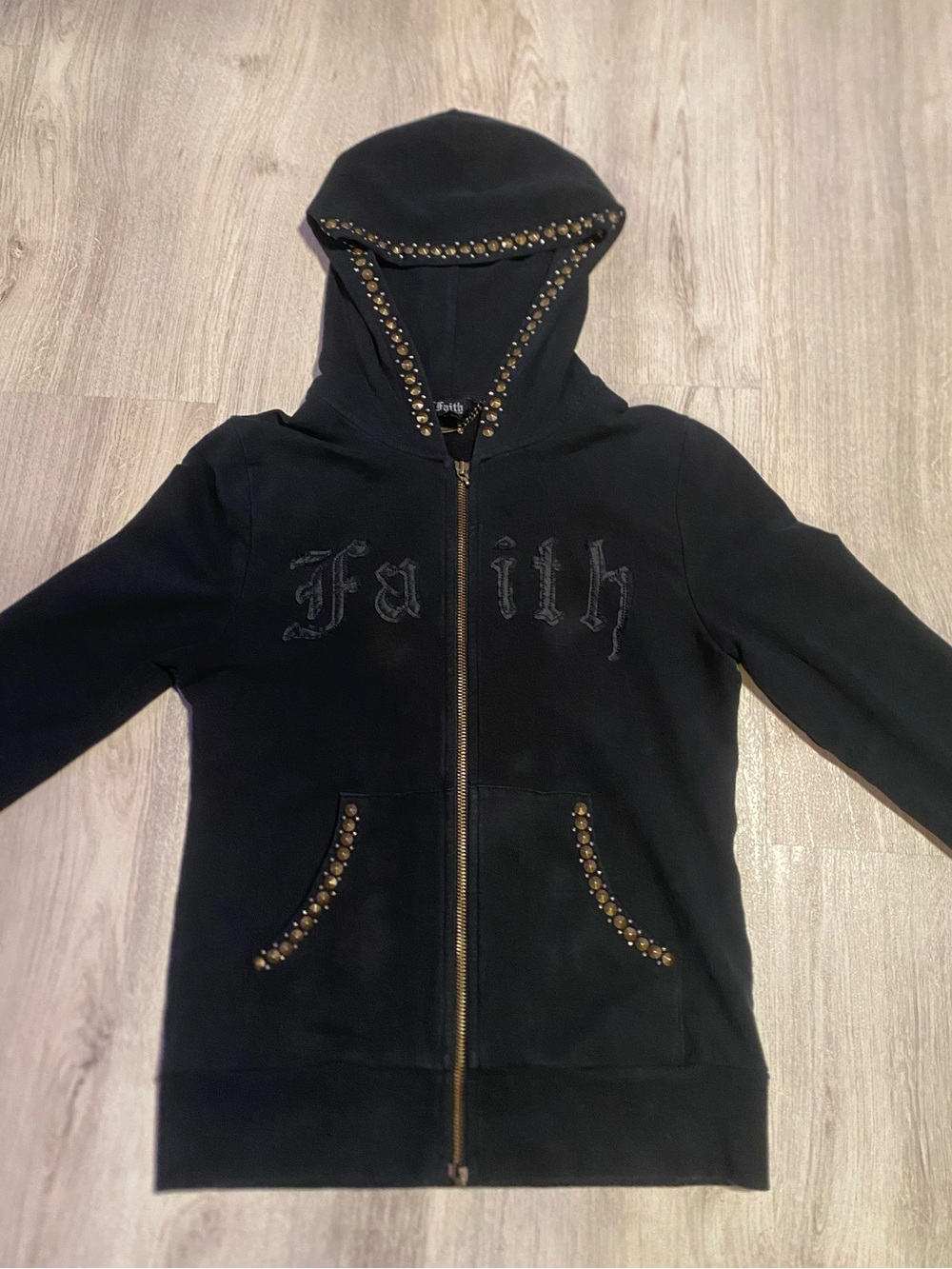Faith Embroidered Black Studded Hoodie Jacket - women’s